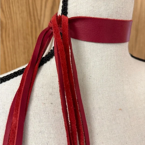 Red Leather Choker Necklace / Fringe Bracelet 
Elegant Sexy Flirty Unique - Picture 2 of 6